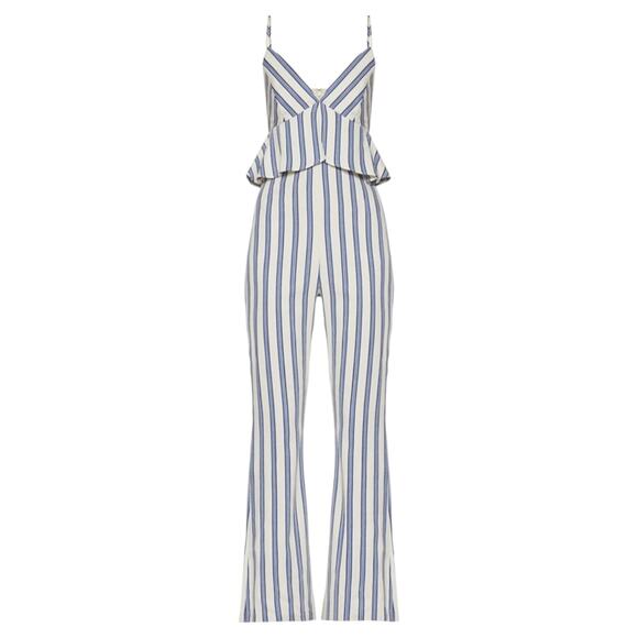 BCBGeneration Blue Striped Peplum Jumpsuit Size 12 NWT - Picture 1 of 8